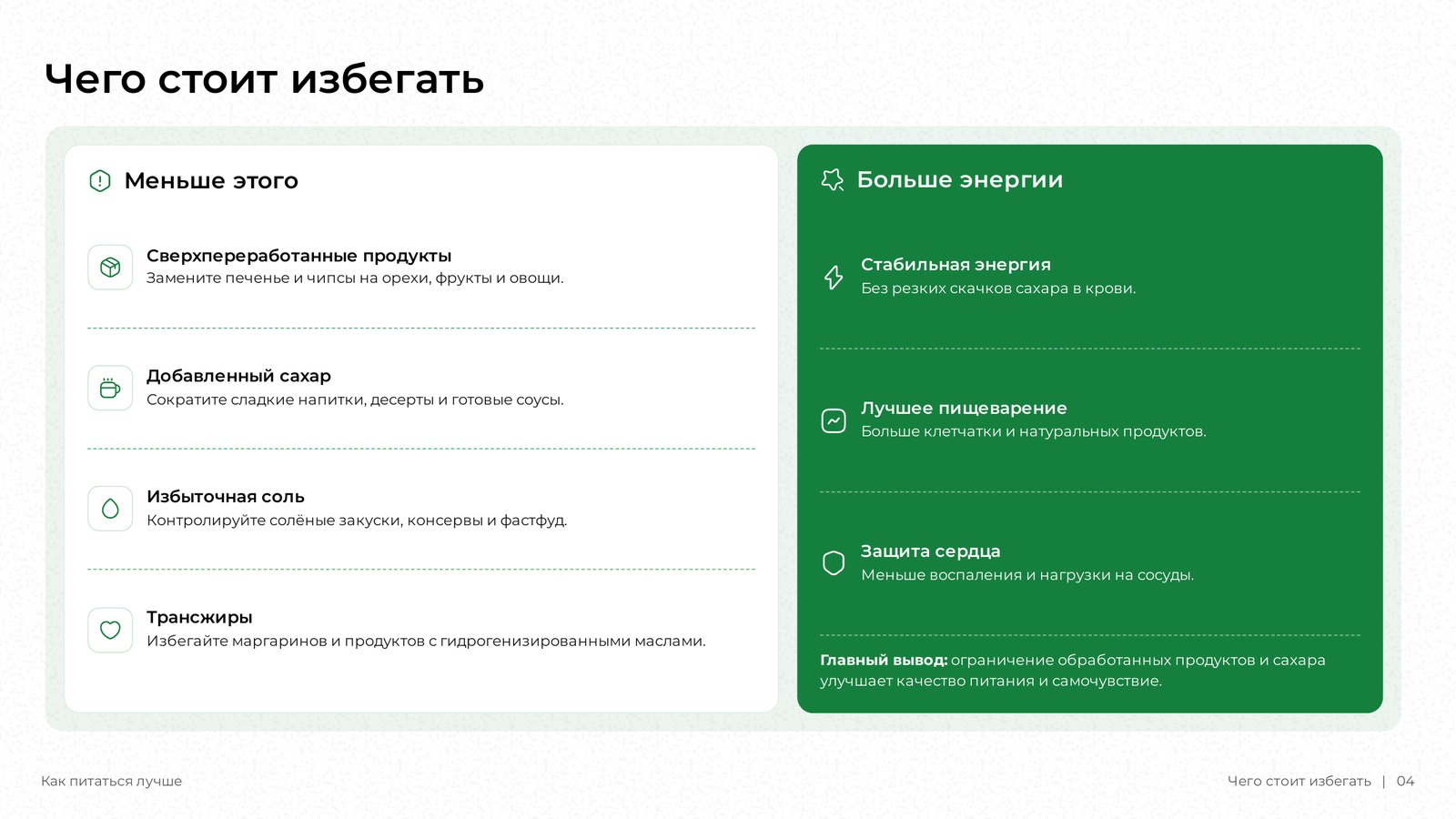 Слайд DeckAI «Чего стоит избегать»: список «меньше этого» и зелёная панель «больше энергии».