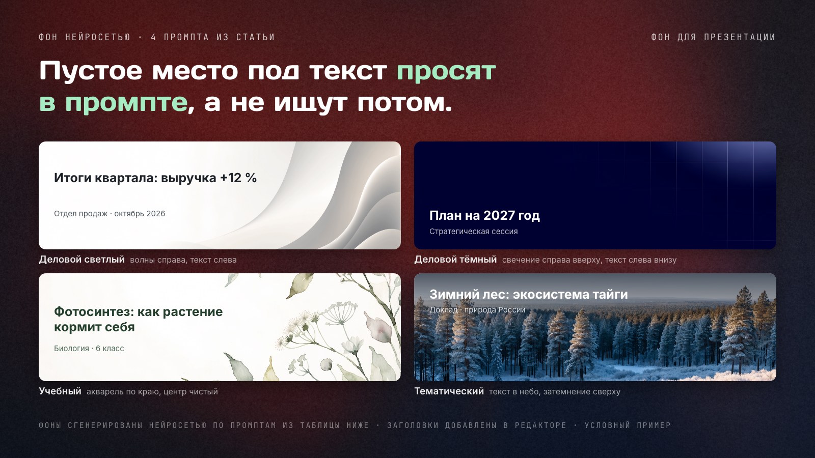 Четыре фона, сгенерированные нейросетью по промптам из таблицы ниже, с заголовками слайдов: светлый деловой с волнами справа и текстом слева, тёмно‑синий со свечением справа вверху и текстом слева внизу, акварельный учебный с листьями по краю и чистым центром, зимний лес с затемнением сверху и текстом в небе.