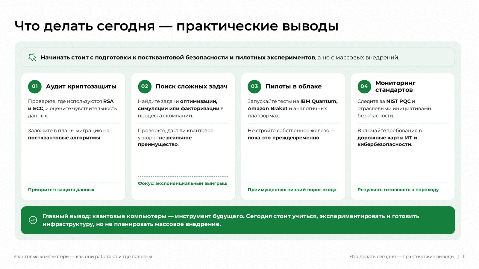 Слайд DeckAI «Что делать сегодня — практические выводы»: четыре шага и главный вывод.