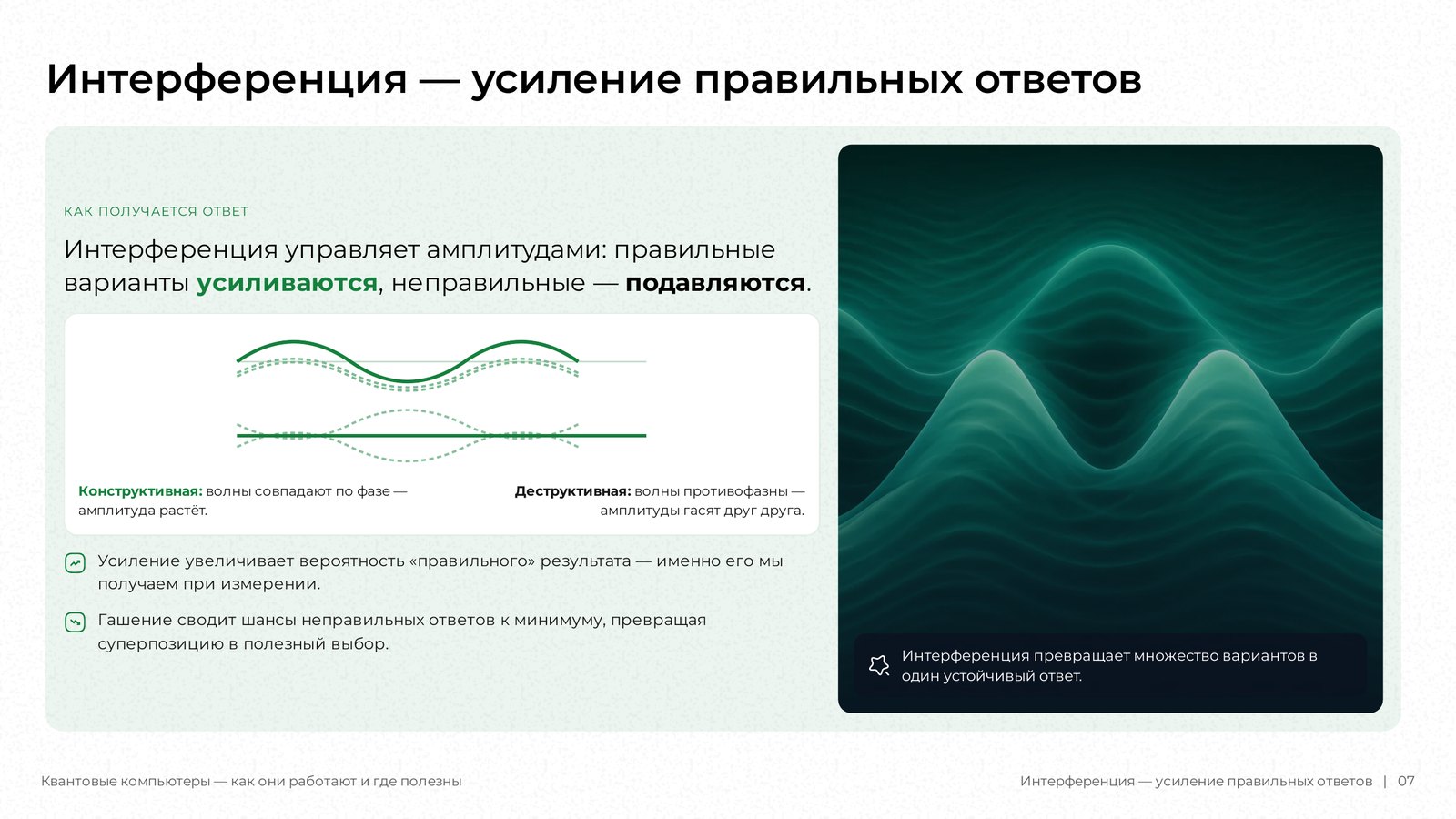 Слайд DeckAI «Интерференция — усиление правильных ответов»: пояснение с волнами и сгенерированная иллюстрация.