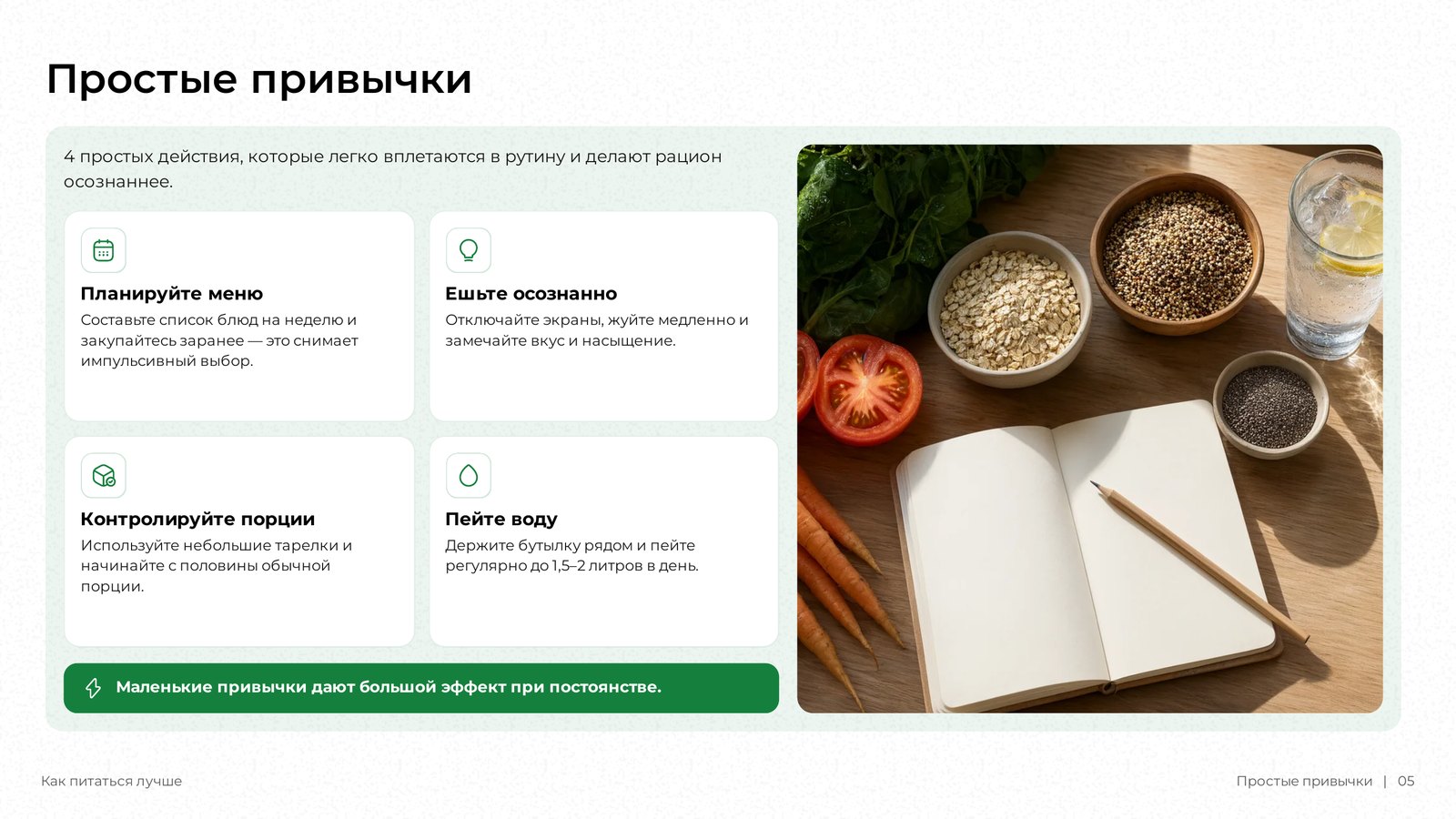 Слайд DeckAI «Простые привычки»: четыре карточки действий и фото, итоговая плашка внизу.
