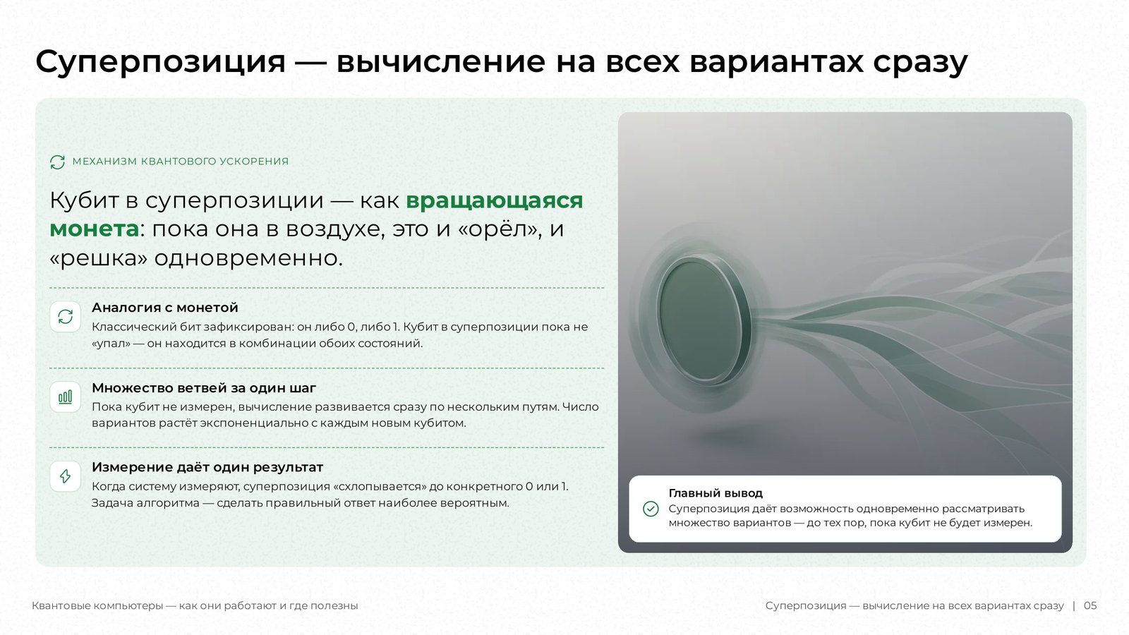 Слайд DeckAI «Суперпозиция — вычисление на всех вариантах сразу»: объяснение через аналогию с монетой и иллюстрация.