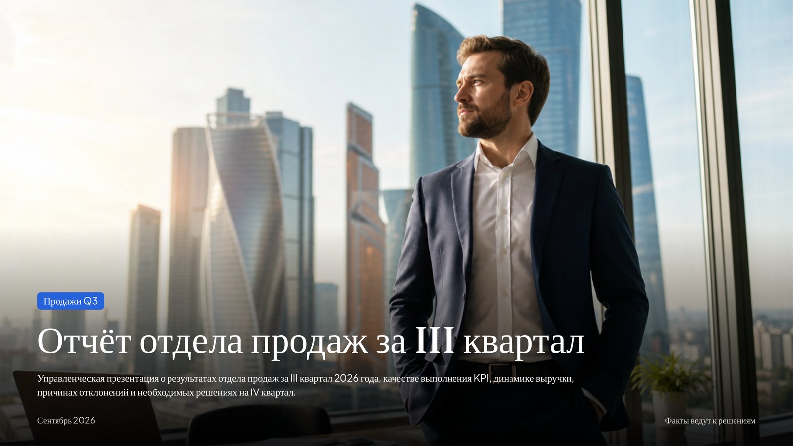 Титульный слайд DeckAI «Отчёт отдела продаж за III квартал» с фото делового человека на фоне небоскрёбов.