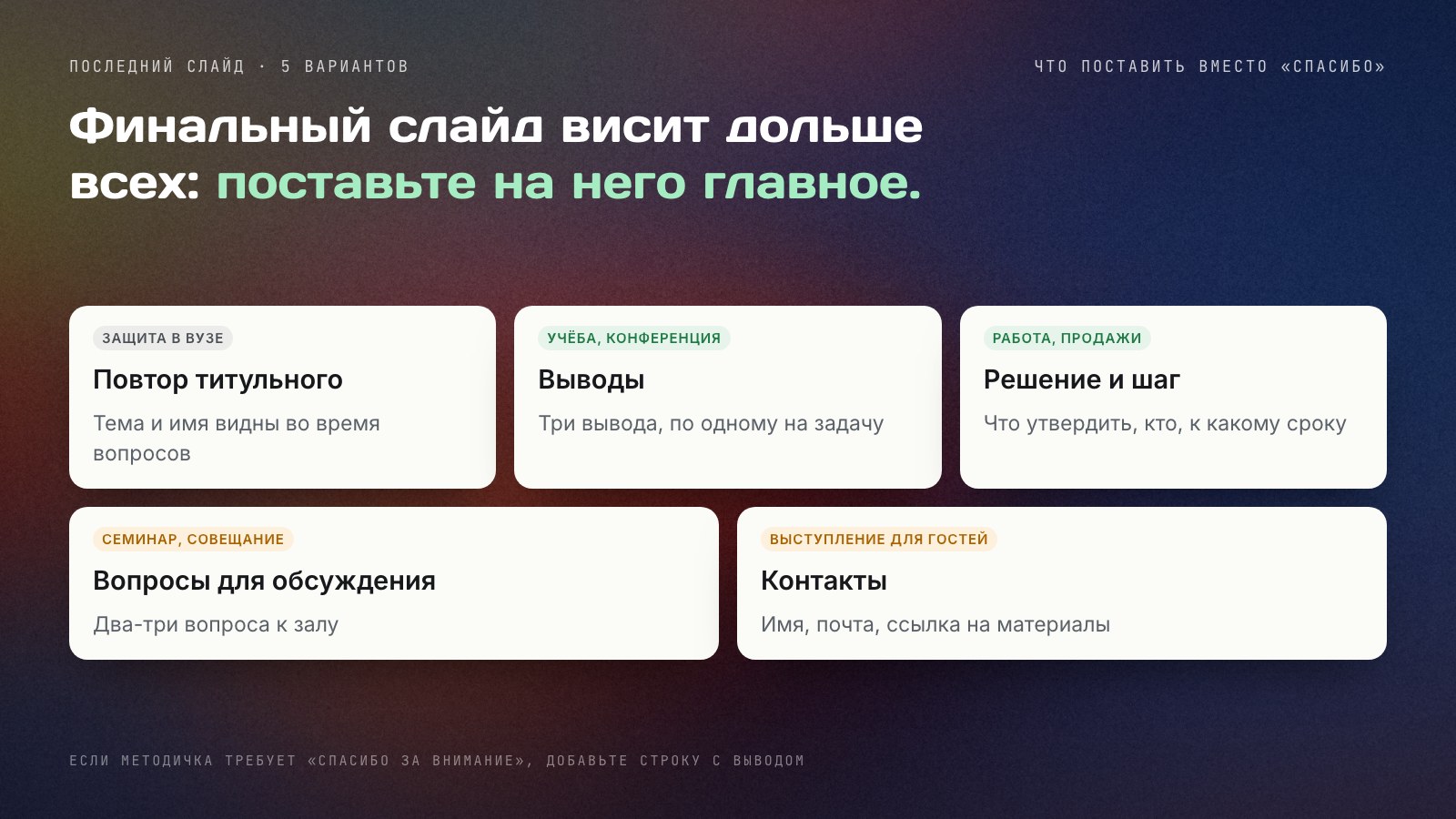 Пять вариантов последнего слайда: повтор титульного для защиты в вузе, выводы для учёбы и конференции, решение и следующий шаг для работы и продаж, вопросы для обсуждения для семинара и совещания, контакты для выступления перед гостями.